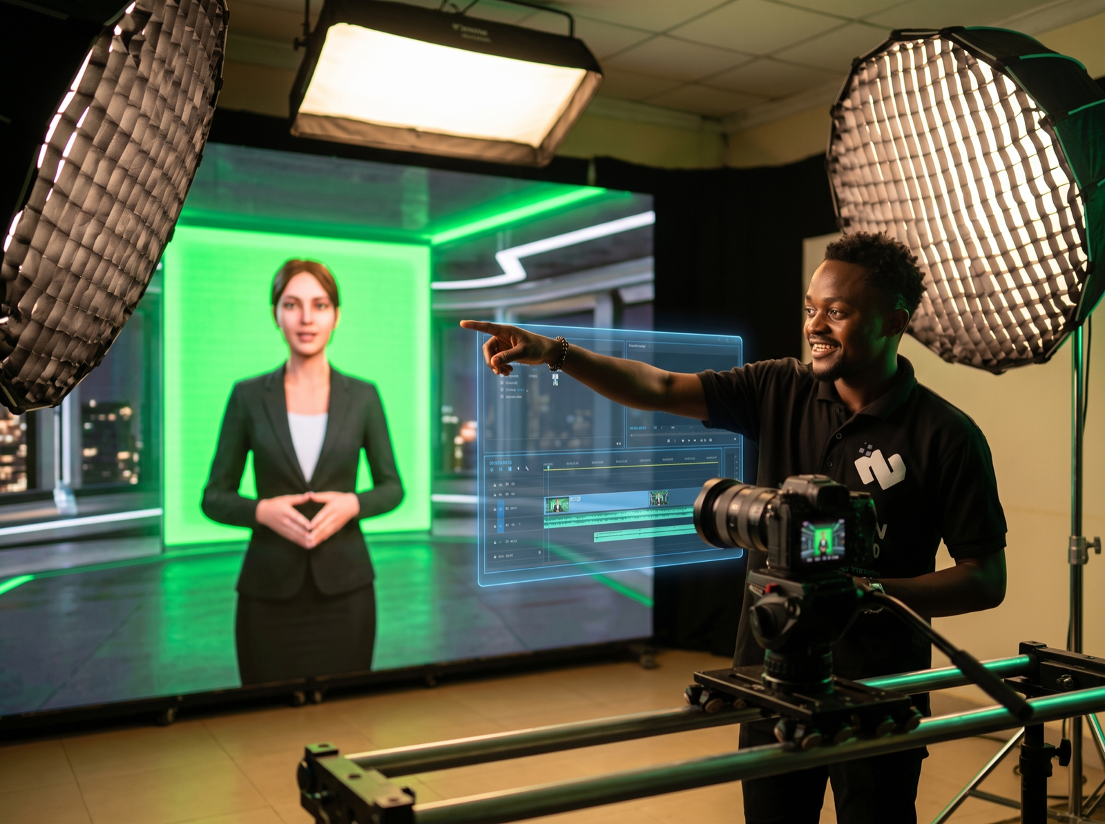 CamaireTech content creator directing an AI avatar on a virtual film set